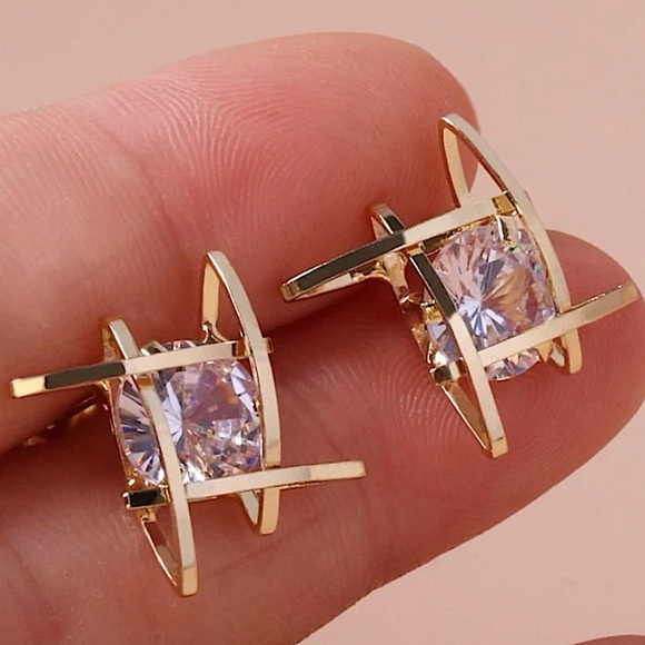 Gold Diamond Caged 3D Stud Earrings - Picture 6 of 6
